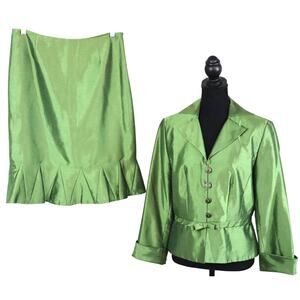 NWT Vintage Y2K Larry Levine Green Skirt Suit Set Satin Ruffle Pleated Bow 10